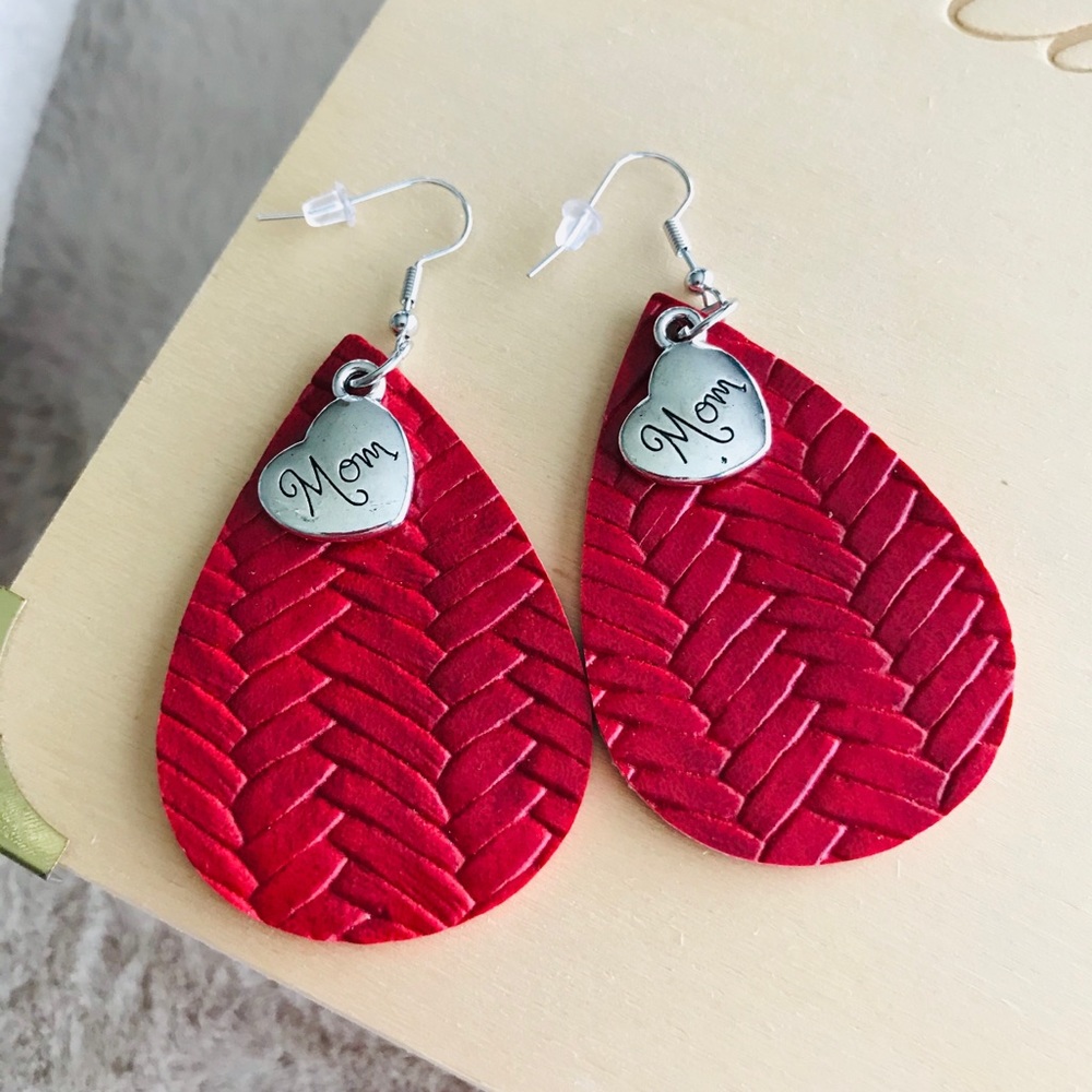 Leather “mom” earring with silver charm